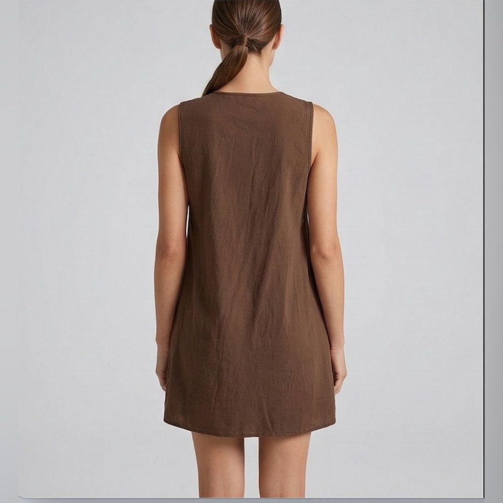 Earthy 100% Cotton Pleated Tie-Front Mini Dress Chocolate Brown - Picture 4 of 7